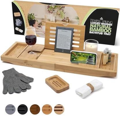 Bamboo Bathtub Tray Caddy for Tub — Expandable Wood Bath Tray with Solid Book Stand Wine Holder and Non-Slip Pads — Includes Bamboo Soap Dish and Spa Accessories — Luxury Bath Gift Set - color: Natural