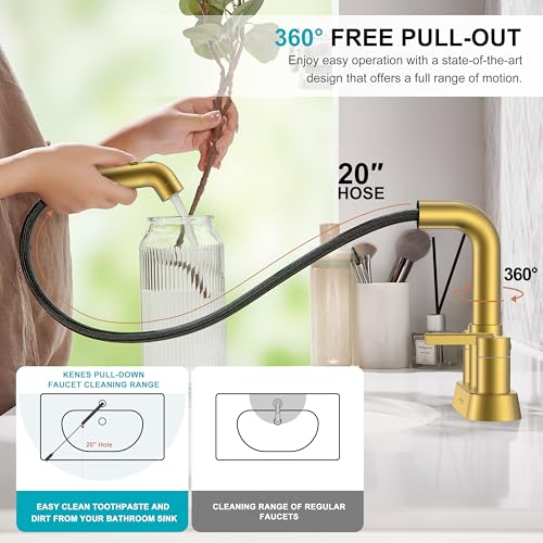 Pull Down Centerset Bathroom Faucet Brushed Gold 2 Handle 3 Hole | Pull Out Bathroom Faucet with Pop Up Drain & Supply Lines, Lead-Free cUPC & NSF Certified, 4 Inch Faucet for Vanity RV Sink - color: Brushed Gold