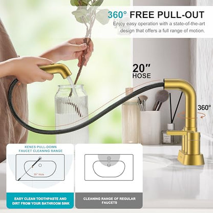 Pull Down Centerset Bathroom Faucet Brushed Gold 2 Handle 3 Hole | Pull Out Bathroom Faucet with Pop Up Drain & Supply Lines, Lead-Free cUPC & NSF Certified, 4 Inch Faucet for Vanity RV Sink - color: Brushed Gold
