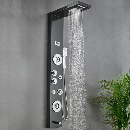 55 in. 6-Jet Stainless Steel Matte Black Shower Panel System w/Fixed LED Rainfall & Waterfall Showerhead, Temp Display, Tub Spout & Handheld Luxury Wall Mount Bathroom Tower