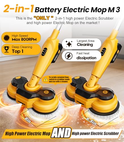 qimedo Cordless Electric Mop M3, 6000mAh, 2-in-1 Power Scrubber & Mops | 800RPM Floor Scrubber Machine, Automatic Spin Mops with Smart Display, Rotating Mop with LED Light & Water Spray
