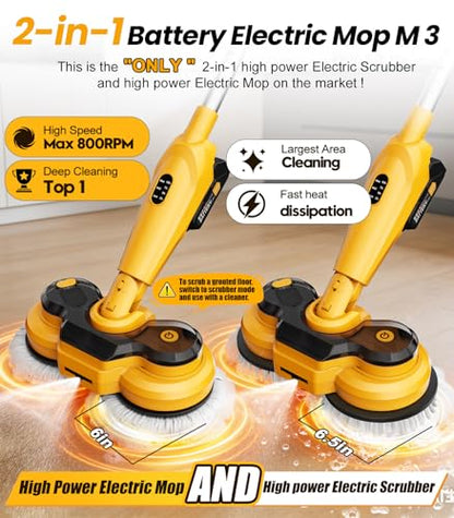 qimedo Cordless Electric Mop M3, 6000mAh, 2-in-1 Power Scrubber & Mops | 800RPM Floor Scrubber Machine, Automatic Spin Mops with Smart Display, Rotating Mop with LED Light & Water Spray