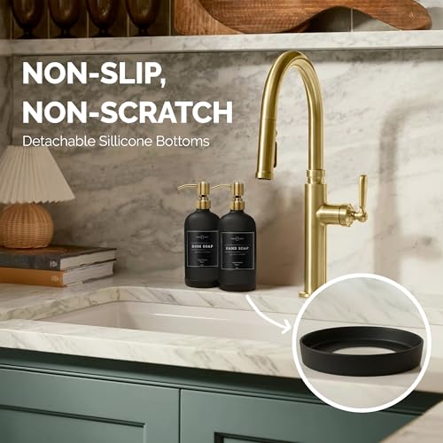 Vine Creations Black Glass Soap Dispenser, 2 Pack Kitchen Soap Dispenser Set with Stainless Steel Pump, 16 oz Dish Soap and Hand Soap Dispensers for Bathroom with Waterproof Labels - color: Matte Black Bottle / Brushed Brass Pump