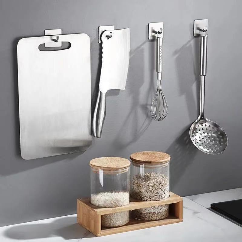 6 Pcs Stainless Steel Adhesive Hooks, Heavy Duty Waterproof in Shower Hook for Hanging Loofah, Towels, Clothes, Robes for Bathroom Removable Adhesive Wall Door Hangers, Square