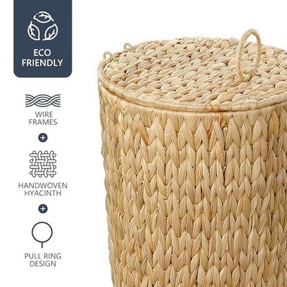 Coeusy 4 Gallon Wicker Trash Can with Lid, Small Bathroom Trash Can, Water Hyacinth Woven Waste Basket, Rattan Boho Decorative Garbage Can with Removable Liner for Bedroom, Home Office (Round,Natural) - size: 4 Gallon