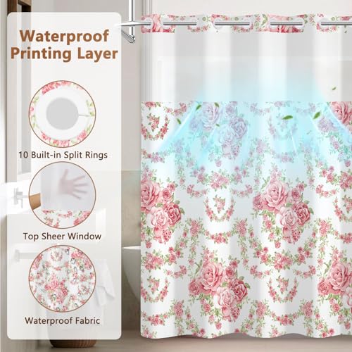 No Hook Shower Curtain and Liner Set, Pink Roses Girls Shower Curtain No Hooks with Snap in Liner and Mesh Top Window, Double-layer Waterproof Fabric Shower Curtains for Bathroom with Weighted Hem - color: Rose Garden