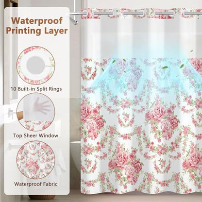 No Hook Shower Curtain and Liner Set, Pink Roses Girls Shower Curtain No Hooks with Snap in Liner and Mesh Top Window, Double-layer Waterproof Fabric Shower Curtains for Bathroom with Weighted Hem - color: Rose Garden