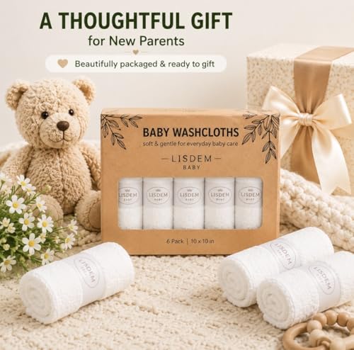 Bamboo Baby Washcloths, 6 Pack Soft & Absorbent Baby Wash Cloths for Newborns, Infants & Toddlers, Gentle Baby Face Towels for Bath Time, Feeding, Burping & Everyday Care, 10 x 10 Inches.