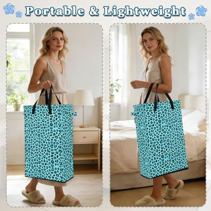 Leopard Cheetah Aqua Laundry Hamper Dirty Clothes Laundry Basket Bin for Bedroom Bathroom with Handles Slim Tall Collapsible Waterproof Freestanding 48L - color: Leopard cheetah Aqua