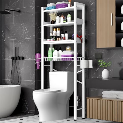 Over The Toilet Storage Cabinet,4 Tier Bathroom Organizer and Storage With Adjustable Shelf Waterproof Feet Pad and Basket Multifunctional Space Saver Freestanding Bathroom Shelves With Dividers White - color: White