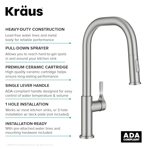 KRAUS Torak Pull Down Kitchen Faucet in Spot-Free Stainless Steel with 2 Function Sprayer, Pre-Attached Water Lines, and Mounting Hardware, KPF-2841SFS - color: Spot Free Stainless Steel, style: Pull-Down Square Arc Faucet