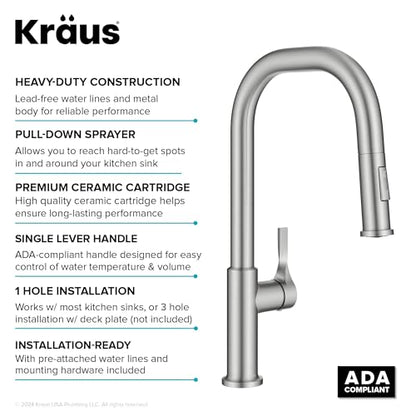 KRAUS Torak Pull Down Kitchen Faucet in Spot-Free Stainless Steel with 2 Function Sprayer, Pre-Attached Water Lines, and Mounting Hardware, KPF-2841SFS - color: Spot Free Stainless Steel, style: Pull-Down Square Arc Faucet