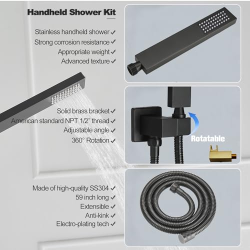 Shower Faucet Set Rain Shower System Matte Black with High Pressure 8-Inch Shower Head Handheld Square Shower Head Bathroom Luxury Rain Shower Faucet Shower Complete Combo Kit Wall Mounted - color: Matte Black, style: 8"- 2 Function