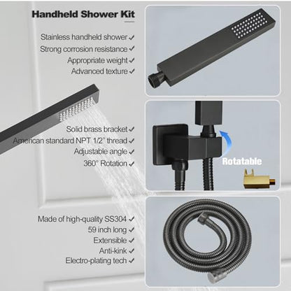 Shower Faucet Set Rain Shower System Matte Black with High Pressure 8-Inch Shower Head Handheld Square Shower Head Bathroom Luxury Rain Shower Faucet Shower Complete Combo Kit Wall Mounted - color: Matte Black, style: 8"- 2 Function