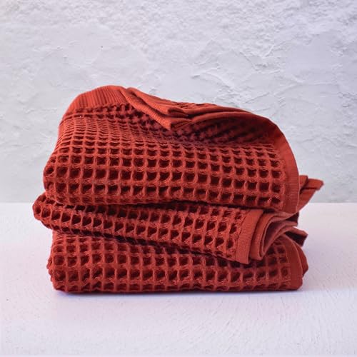PÜSKÜL - Set of 3 Organic Waffle Hand Towel Red Brick - Premium Quality, 100% Turkish Cotton, Soft, Quick-Dry, Absorbent, Lint-Free Face Kitchen Hand Towels (Brick, Hand Towels - Pack of 3) - color: Brick, size: Hand Towels - Pack of 3