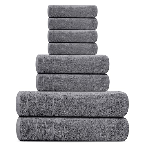 8 Piece Towel Set, 2 XL Bath, 2 Hand, 4 Washcloth, Dark Grey | 100% Cotton, Lighter Weight, Quicker to Dry, Super Absorbent, Perfect for Bathroom - color: Dark Grey