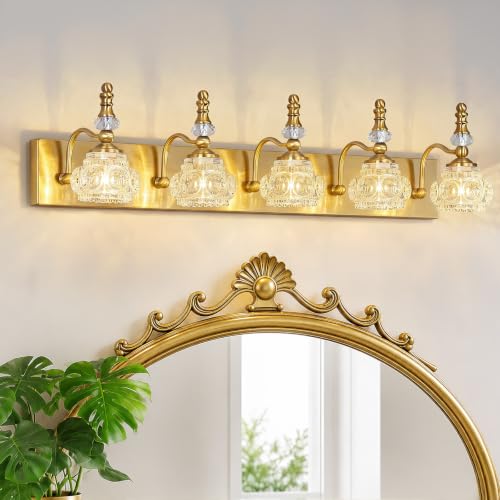 Modern Glass Crystal Vanity Light - Vintage Bathroom Lighting Fixtures Over Mirror, 5 Light Vanity Lights G9 Bulb (35.43 Inch, Gold) - color: Gold, size: 5-light