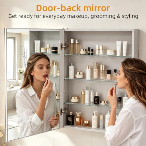 24"x 32"Bathroom Medicine Cabinet,Double-Sided Mirror Door | Silver Aluminium Frame,Lightweight,Sturdy and Attractive,Simple Wall-Mounted,Adjustable Shelves,Tempered Glass - size: 24"x 32"