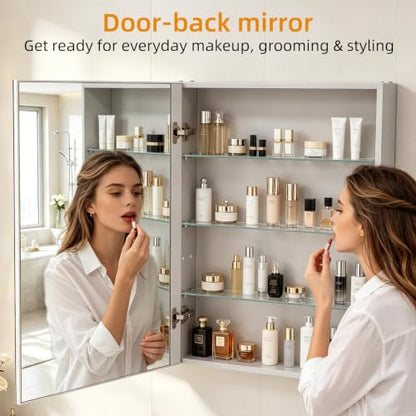 24"x 32"Bathroom Medicine Cabinet,Double-Sided Mirror Door | Silver Aluminium Frame,Lightweight,Sturdy and Attractive,Simple Wall-Mounted,Adjustable Shelves,Tempered Glass - size: 24"x 32"