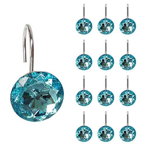 12 Pcs Bling Rhinestones Shower Curtain Hooks Bathroom Rolling Hooks - color: Blue Green