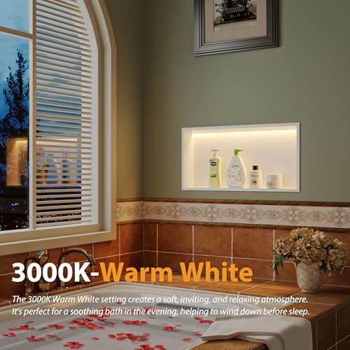 Qeke 24" X 12" Stainless Steel Shower Niche w/ 3 CCT Dimmable Light, White | No Tile Needed Wall Niche, Recessed Niche w/ Light(3000K/4000K/6000K), IP66 Waterproof, Space Saving & Durable - color: Matte White, size: 24" X 12"
