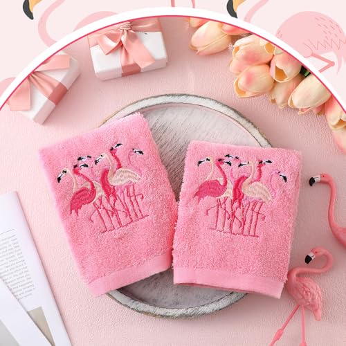 SmoothNovelty 2 Pcs Flamingo Hand Towels Hot Pink Bathroom Decor 14x29 Inch Embroidered 100% Cotton Soft Absorbent Spring Summer Decorative Hand Towels for Bathroom Kitchen - style: Flamingo