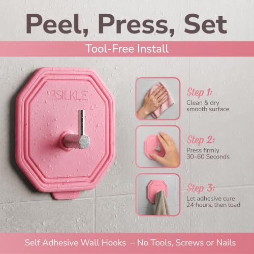 SILKLE Silicone Shower Hooks for Inside Shower, 2-Pack Adhesive Towel Hooks | Adhesive Shower Hooks, No Drill - Razor & Loofah Holders for Shower Wall, Heavy-Duty, Waterproof, Damage-Free - Pink - color: Pink