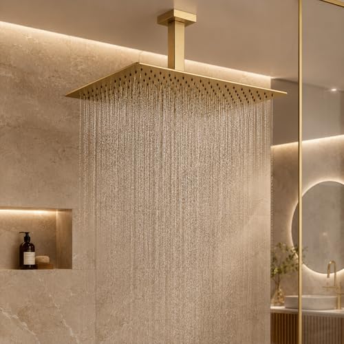 Rainfall Shower Head, BSTIIU 16 Inch Square Ceiling Mount Shower Head, Extra Large Stainless Steel Shower Head, Ultra Thin Waterfall Showerhead, Brushed Gold - color: Brushed Gold, size: 16-Inches, style: Square