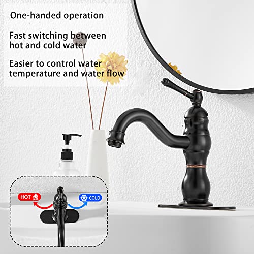 Oil Rubbed Bronze Bathroom Faucet GGStudy Bathroom Vanity Faucet Single Handle One Hole Bathroom Sink Faucet Basin Mixer Tap Matching Pop Up Drain with Overflow - color: Oil Rubbed Bronze, size: Short