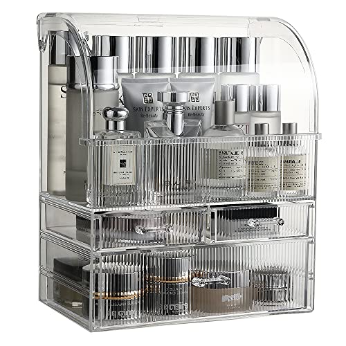 Professional Large Cosmetic Makeup Organizer Bathroom Storage Display Case with Drawers - color: Clear with Stripes