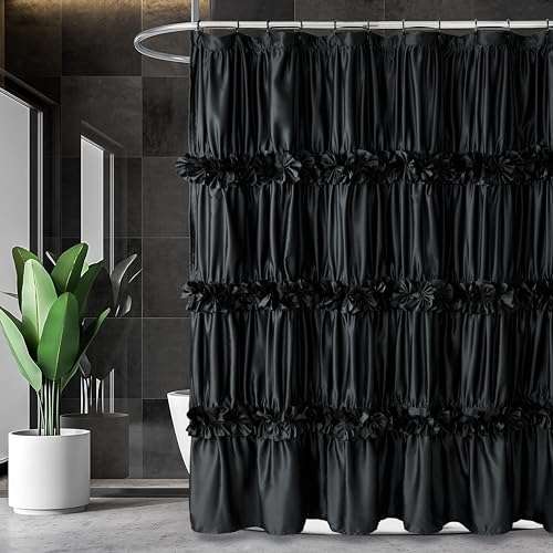 Homechoice Decor Black Handcrafted Bow Tie Shower Curtain 72" W x 72" H | Vintage Ruffle Bath Curtain for Master Bathroom, Ruched Satin Bathroom Curtain with 12 Buttonholes (LQ-10) - color: Black, size: 72"W x 72"L (Each Curtain)