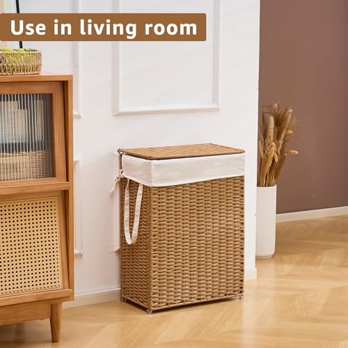Slim Wicker Laundry Hamper with Lid, 55L Handwoven Rattan Basket with Handles, Narrow Laundry Basket with Removable Liner Bag & 2 Mesh Bags - color: Rattan with Lid, size: 55L