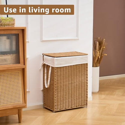 Slim Wicker Laundry Hamper with Lid, 55L Handwoven Rattan Basket with Handles, Narrow Laundry Basket with Removable Liner Bag & 2 Mesh Bags - color: Rattan with Lid, size: 55L