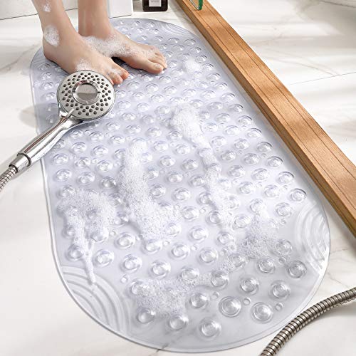 DEXI Bathtub Mat Non Slip 16x35, Shower Floor Mats for Bathroom Bath Tub | Clear Washable Oval Bathmat, Suction Cups and Drain Holes to Keep Tubs Clean - color: Clear