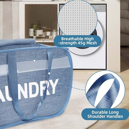 Collapsible Laundry Basket 2 pack, Foldable Pop Up Blue Laundry Baskets Mesh with Lid & Handle, Pop Up Collapsible Laundrys Hamper, Fabric Laundrys Baskets for Dorm, Travel, Bathroom - color: Blue