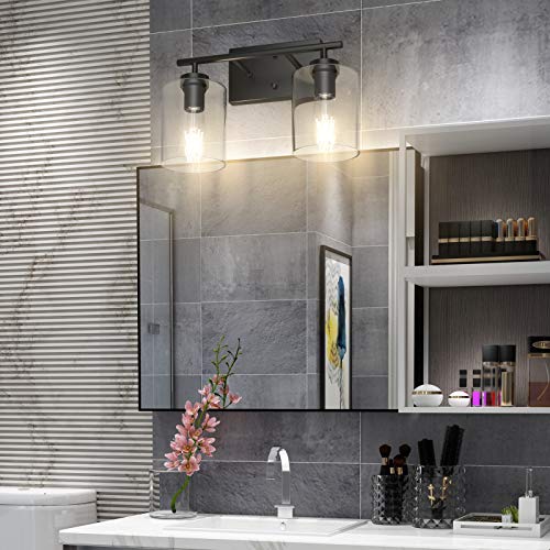 Aipsun 2 Lights Black Vanity Light Fixtures Over Mirror with Clear Glass Shades Industrial Wall Light Fixture for Bathroom(Exclude Bulb) - size: 15 inch