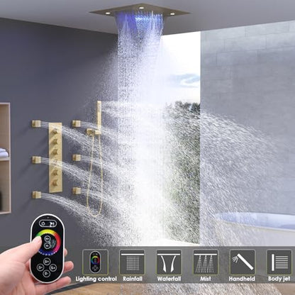 Enga Thermostatic Shower System with Body Jets, 20-Inch LED Rainfall Mist Waterfall Luxury Multi Function Rain Shower Faucet Set, All Functions Can Operate Simultaneously, Brushed Gold - color: Brushed Gold, style: 20" Head (Rain + Mist+Waterfall) - Jets