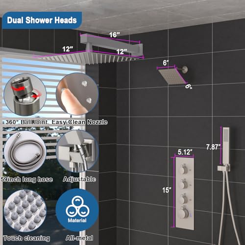 Enga Thermostatic Dual Shower System, 12"+6" Wall Mount Dual Rain Shower Faucet, All Functions Use Together & Volume Adjustable, Brushed Nickel - color: Brushed Nickel, style: ‎12"+6" Head