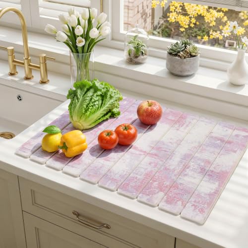 Findosom Large Stone Dish Drying Mat for Kitchen Counter, 23.6" × 15.3" Foldable Non-Slip Stone Drying Mat with Abstract Pattern, Heat Resistant Diatomaceous Earth Mat for Bath, Dishes, Cups, Pink - color: Pink, size: 23.6" x 15.3"