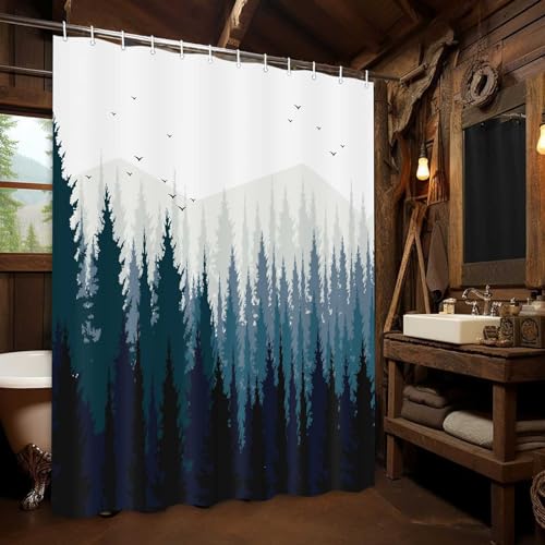 JAWO Rustic Scenery Shower Curtain, Black Forest Fog Bird Mountain, Polyester Fabric Waterproof Shower Curtain Bathroom, 69X70in, Shower Curtains Hooks Included - color: Blue, size: 69"W x 70"L (Pack of 1)