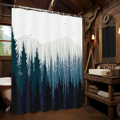 JAWO Rustic Scenery Shower Curtain, Black Forest Fog Bird Mountain, Polyester Fabric Waterproof Shower Curtain Bathroom, 69X70in, Shower Curtains Hooks Included - color: Blue, size: 69"W x 70"L (Pack of 1)