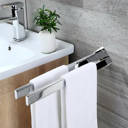 Double Rod Towel Bar 16 Inch, SUS304 Stainless Steel Wall Mounted Towel Holder, Bathroom Kitchen Double Layer Towel Rail, Modern Design Square Wall Towel Rack for Bathroom, Kitchen Chrome - color: Chrome