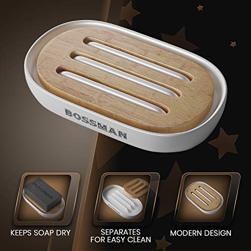 Bossman Soap Dish - Bathroom and Shower Soap Bar Holder - Premium Ceramic Base - Removable Natural Bamboo Soap Tray (White) - color: White