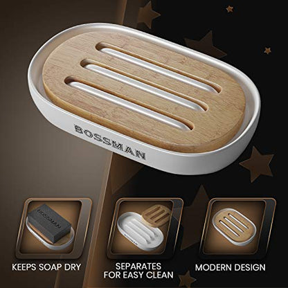 Bossman Soap Dish - Bathroom and Shower Soap Bar Holder - Premium Ceramic Base - Removable Natural Bamboo Soap Tray (White) - color: White