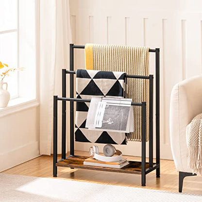 HOOBRO Free Standing Towel Rack, 3 Tier Blanket Rack, Blanket Holder for Bathroom, 23.6" L x 11" W x 31.9" H, Industrial Metal Drying and Display Rack with Shelf, Rustic Brown and Black BF06LB01 - color: Rustic Brown + Black, size: 23.6" L x 11" W x 31.9"