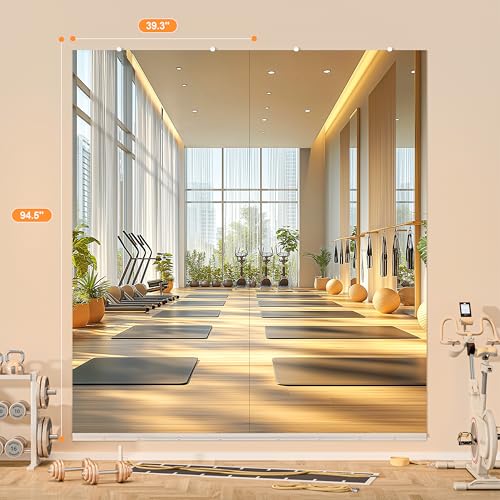 Hasipu Home Gym Mirror, 95"x40" Each, 2-Pack Frameless Wall Mounted Mirrors with Glass Clamps & 2 Aluminum Rail, Large Body Mirror for Home Gym, Yoga Studio, Bedroom, Silver Tempered Glass - size: 95"x40" - 2PCS