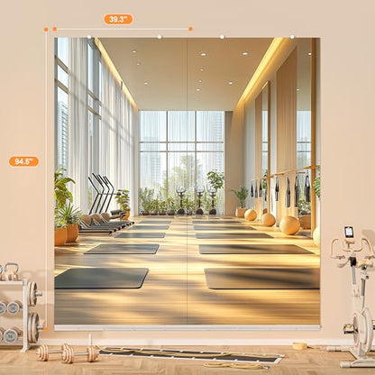Hasipu Home Gym Mirror, 95"x40" Each, 2-Pack Frameless Wall Mounted Mirrors with Glass Clamps & 2 Aluminum Rail, Large Body Mirror for Home Gym, Yoga Studio, Bedroom, Silver Tempered Glass - size: 95"x40" - 2PCS