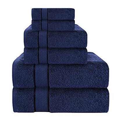6 Piece 100% Cotton Bath Towel Set - 2 Bath - 2 Hand - 2 Face, Navy Blue | 100% Cotton • Thick & Plush • Hotel Quality • Ultra Soft • Highly Absorbent • Quick Dry • Low Lint • Machine Washable - color: Navy Blue