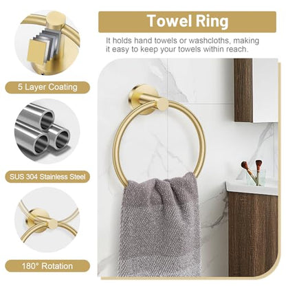 Brushed Gold Bathroom Hardware Set, Toilet Paper Holder, Towel Ring & Hooks | Lairuier Bathroom Accessories Include Stainless Steel Double Bases Toilet Paper Holder, Towel Ring, 2 Towel Hooks Wall Mount - color: Brushed Gold, size: Set B