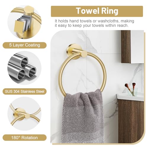 Brushed Gold Bathroom Hardware Set, Toilet Paper Holder, Towel Ring & Hooks | Lairuier Bathroom Accessories Include Stainless Steel Double Bases Toilet Paper Holder, Towel Ring, 2 Towel Hooks Wall Mount - color: Brushed Gold, size: Set B